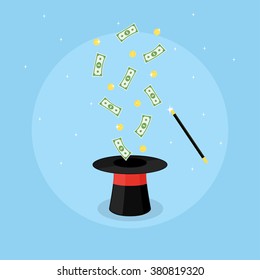 Picture of a magic hat and flying coins and banknotes above it, flat style illustration