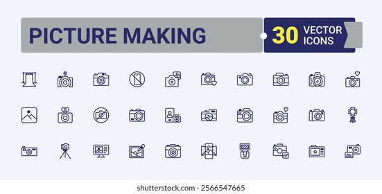 Picture Making icon set. Contains such icons as lens, media, instant, business, photo, bundle, photograph, phone. Minimalistic icons. Solid line editable stroke.