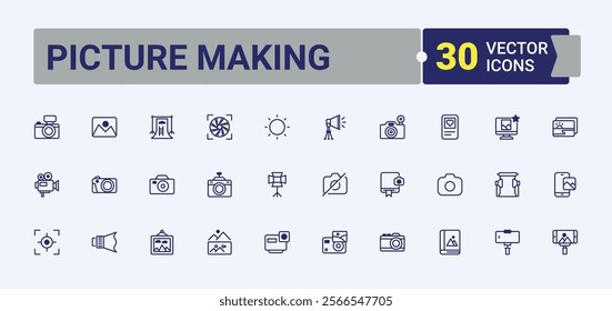 Picture Making icon set. Contains such icons as lens, media, instant, business, photo, bundle, photograph, phone. Minimalistic icons. Solid line editable stroke.