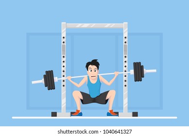 Picture of a man doing squats with barbell on neck back. Caricature bodybuilder newbie character design, flat style illustration.