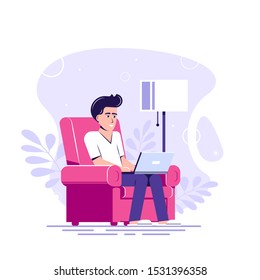 Picture of a man with laptop sitting in the chair and working. Home office, freelance work concept banner design. Flat style illustration.
