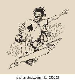 Picture of Man in mask of clown to perform tricks on a skateboard. Vector design.