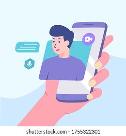 Picture Man Talking On Smartphone Screen. Video Call Concept Modern Flat Cartoon Style Vector Design