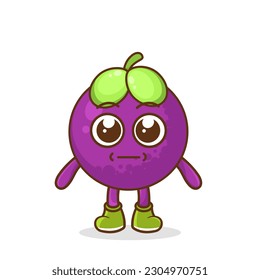 a picture of mangosteen fruit with a flat expression. No words straight face mangosteen fruit emoji. Vector flat design emoticon icon isolated on white background.