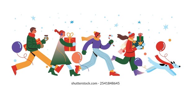 A picture of many people walking to buy decorations for Christmas and New Year. Vector Background image for advertising during the New Year's Day festival. 