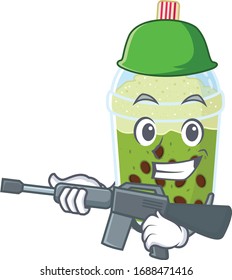 Una foto de té matcha de burbuja como un ejército con ametralladora