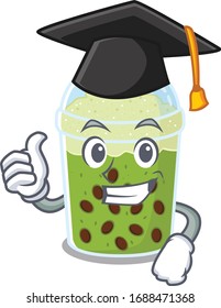 A picture of matcha bubble tea with black hat for graduation ceremony