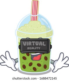 A picture of matcha bubble tea character with Virtual reality headset