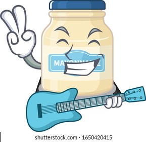 A picture of mayonnaise with playing a guitar