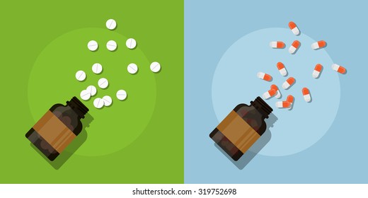 picture of medicine pills and bottles, flat style illustration