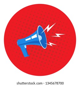 Picture of a megaphone on a red background, pop art, vintage. Mega advertising offer, banner. Vector image.