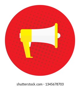 Picture of a megaphone on a red background, pop art, vintage. Mega advertising offer, banner. Vector image.