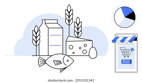 Imagen de cartón de leche, queso, pescado, huevo y trigo con un gráfico de pastel y Carrito de compras en línea. Ideal para compras inteligentes, alimentos, comestibles en línea, comercio electrónico, alimentación saludable