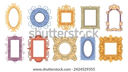 Picture or mirror frames, isolated vintage or retro wooden framing with carvings and swirls. Vector flat cartoon, oval and rectangular shape, circle and square decor, interior design element