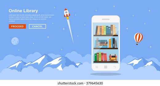 Picture of mobile phone with bookshelves and clouds and mountains on background. Flat style concept banner of online mobile library.