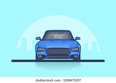 Picture Of A Modern Car With Big City Sillhouette On Background. Front Side View.