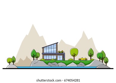 picture of modern private residential house with trees and big sity silhouette on background, real estate and construction industry concept, flat line art style illustration