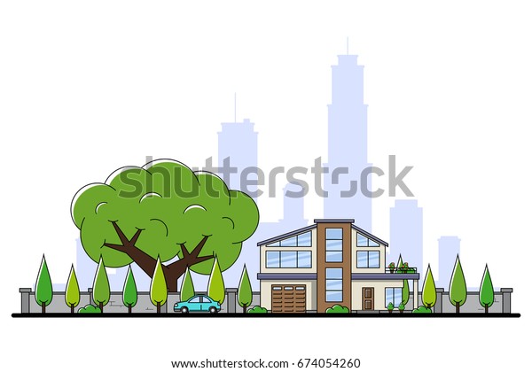 picture of\
modern private residential house with car, trees and big sity\
silhouette on background, real estate and construction industry\
concept, flat line art style\
illustration