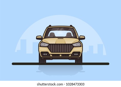 Picture Of A Modern SUV Car With Big City Sillhouette On Background. Front Side View.