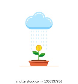 Picture of money tree, cloud and rain. Investment and business growth concept. Flat style illustration. 