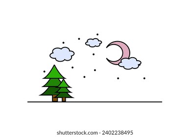 a picture with the moon and Christmas trees