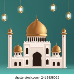 a picture of a mosque with a blue background with a gold dome