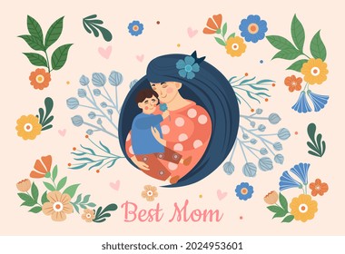 Picture for mothers day. Woman hugs child tightly to her breast. Baby carried in arms. Bright image for congratulate relatives. Graphic elements for website. Cartoon flat vector illustration