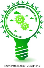 Picture with motif of trees, bulb, clouds, sprocket wheels and leafs with eco idea