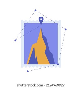 Imagen de una montaña en un marco con una ruta a la cima. Concepto de un viaje hacia el objetivo.