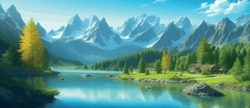 Picture Of A Mountain Lake With A Mountain Range In The Background And A Lake In The Foreground With A Mountain Range In The Background. Vector Illustration