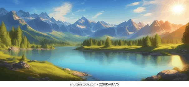 picture mountain lake and mountain range in the background   lake in the foreground and mountain range in the background  vector illustration