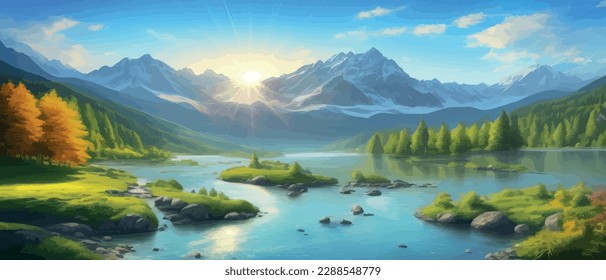 picture of a mountain lake with a mountain range in the background and a lake in the foreground with a mountain range in the background. vector illustration