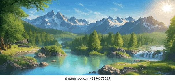 picture of a mountain lake with a mountain range in the background and a lake in the foreground with a mountain range in the background. vector illustration