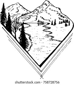 Picture of mountain landscape, trees, river going away to distance.