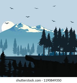 picture of a mountain range with forest silhouette and moon on background, travel, tourism, hiking and trekking concept