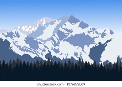 picture of a mountain range with forest silhouette and moon on background, travel, tourism, hiking and trekking concept