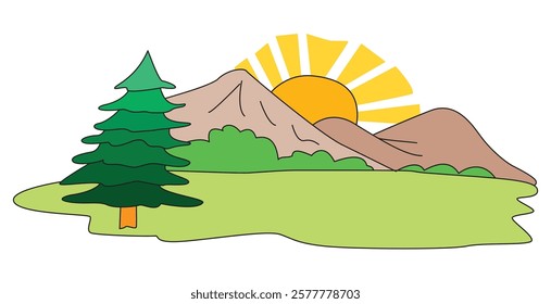 A picture of a mountain with a sun and trees