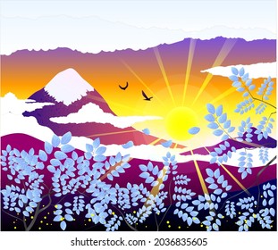 Picture of a mountain and a sunset with the sun. Gradient style. Mountains, and clouds. Blue leaves. Flying birds and crickets. It is suitable for a picture, poster, screensaver or background.