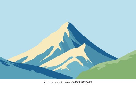 Picture of mountain and surrounding ladscape with blue sky and green hill