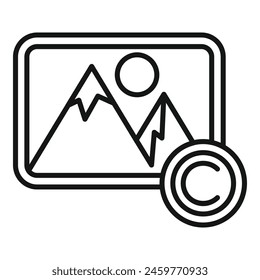 Picture mountains landscape copyright icon outline vector. Legal protection. Sign certificate