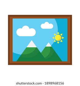 Bild mit Berg- und Sonnenszene, flacher Vektorgrafik-Design