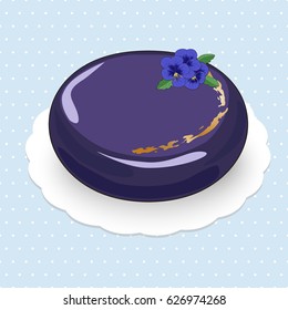 Picture of mousse cake with fruit filling decorated by gold and pansy flowers on the  glossy glaze.The cake is on the blue polka dotted background.
