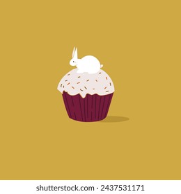 Una imagen de un muffin con la figura de una liebre. Ilustración vectorial sobre un fondo de mostaza.