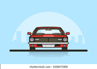 Picture Of A Muscle Car With Big City Sillhouette On Background. Front Side View.