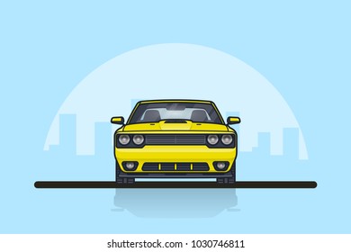 Picture Of A Muscle Car With Big City Sillhouette On Background. Front Side View.