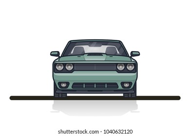 Picture Of A Muscle Car With Big City Sillhouette On Background. Front Side View.