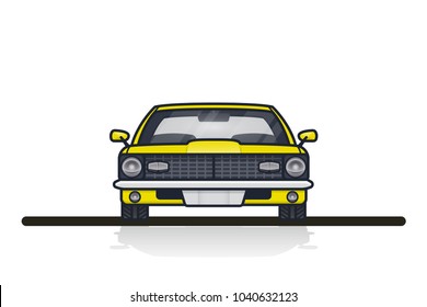 Picture Of A Muscle Car With Big City Sillhouette On Background. Front Side View.