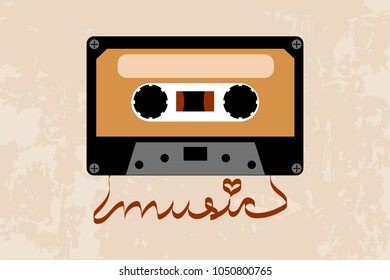 Picture of music cassette with word music arranged from tape. Eps vector illustration, horizontal image, flat design