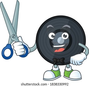 A picture of music viynl disc Barber cartoon character working with scissor. Vector illustration