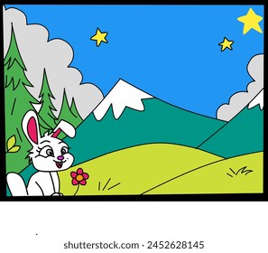 a picture of a natural view in the mountains and a smiling white rabbit